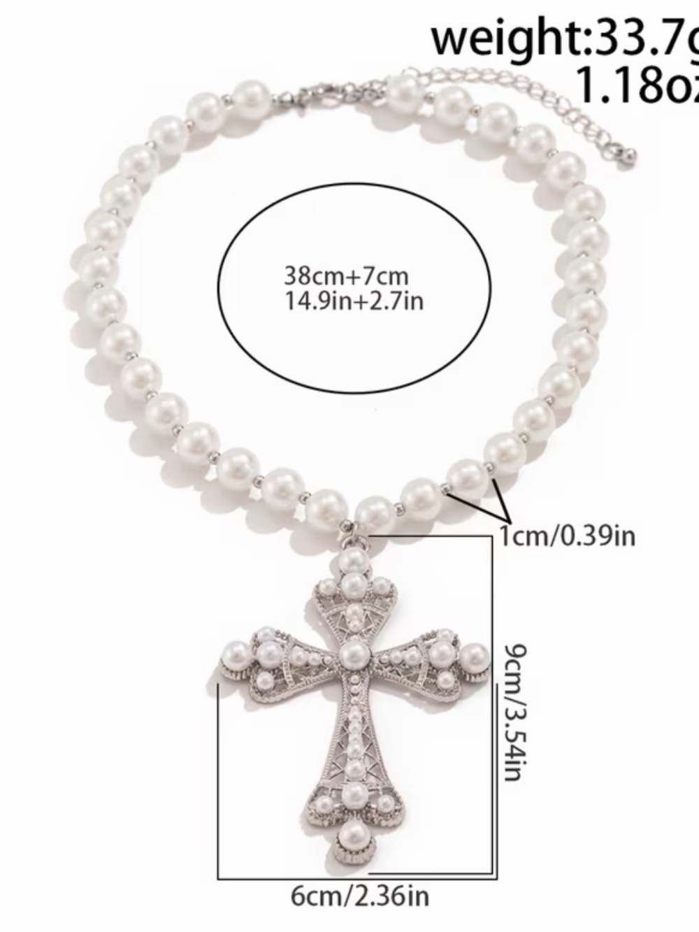 White Pearl Necklace with Silver Cross Pendant - Women Jewelry - Picture 3 of 3